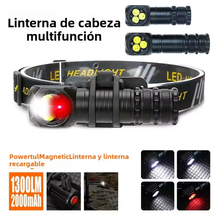 Linterna Frontal LED 1300LM Recargable Con Imán En La Punta Y Luz Táctica Para Camping Y Pesca Certificación CE/ROHS/LVD - 1