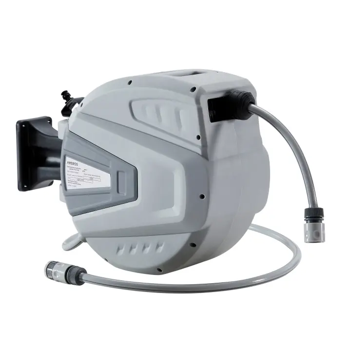 Carrete de Manguera de Jardín Automático Arebos | Enrollador de Manguera Giratorio 180° | 20m Gris - 1