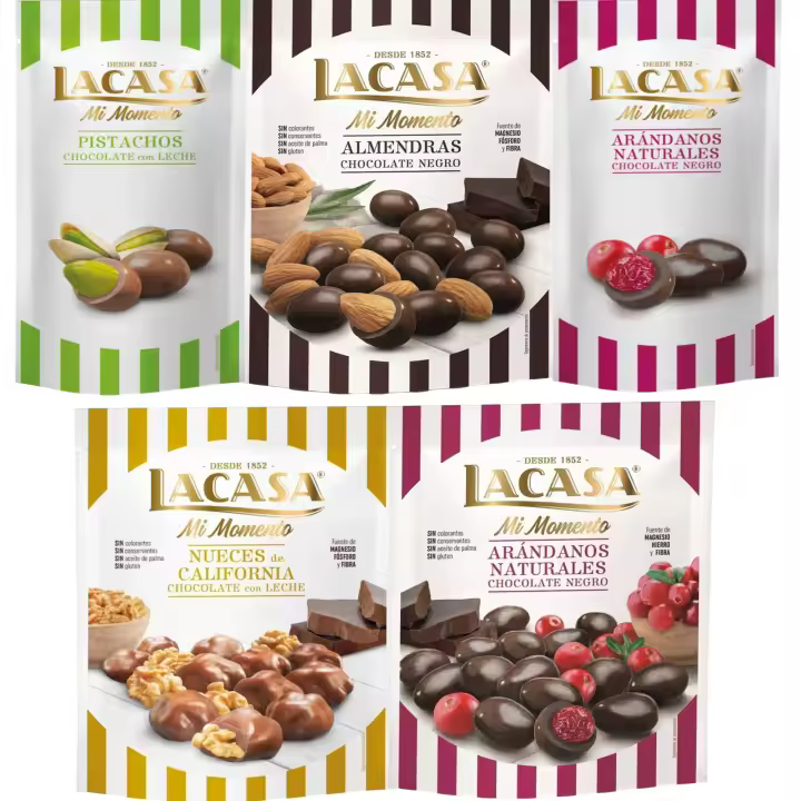 Lacasa Mi Momento pack de 5:Arándano choco Negro 60G,Pistacho Leche 50G,Arándano choco Negro 125G,Nueces Leche 115G,Almendra choco Negro 125G - 1