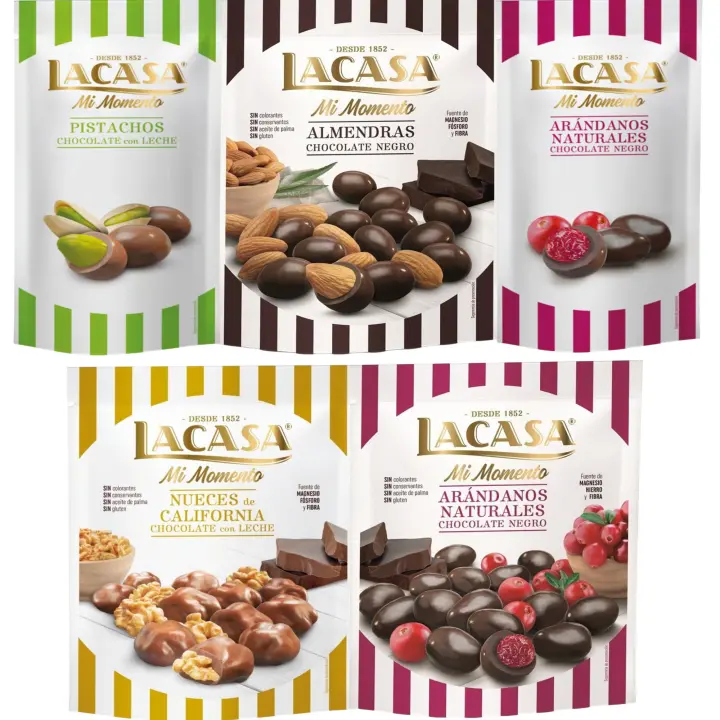 Lacasa Mi Momento pack de 5:Arándano choco Negro 60G,Pistacho Leche 50G,Arándano choco Negro 125G,Nueces Leche 115G,Almendra choco Negro 125G - 1