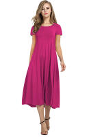 Vestido De Manga Corta Para Mujer Verano 2024 Estilo Casual Color Sólido Cuello Redondo Ajuste Flared Longitud Del Vestido Suelto - details 2