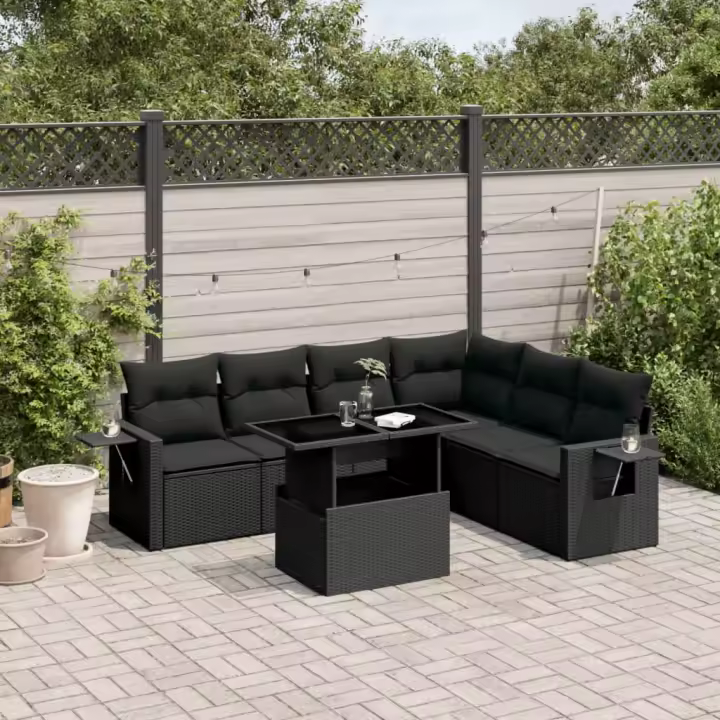 vidaXL Set de sofás de jardín 7 pzas con cojines ratán sintético negro - 1