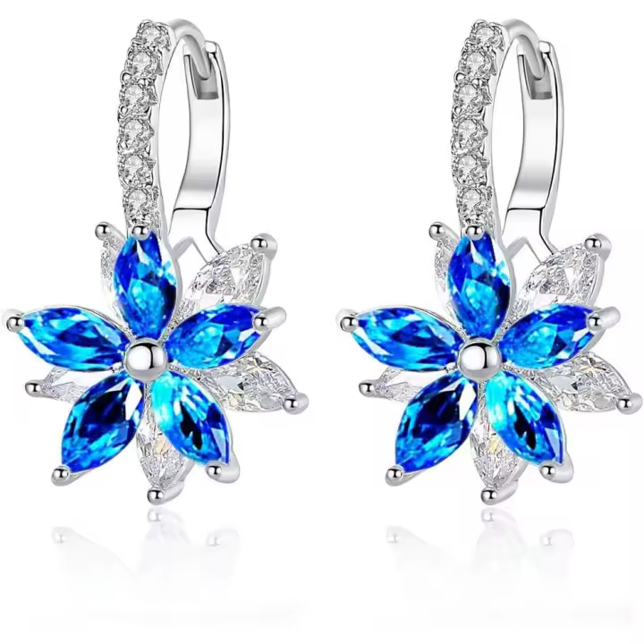 Aros de Plata para Mujer, aros de Doble Flor chapados en oro blanco with blindados cúbica, aros de Cristal hipoálgicos, tamaño: 1 - 1