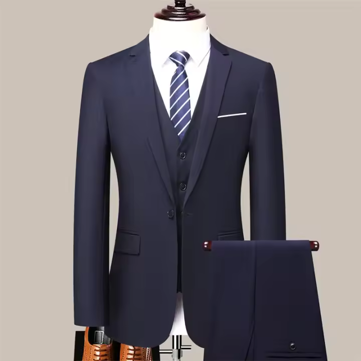 Traje De Tres Piezas Para Hombre De Alta Calidad En Color Sólido Moda Casual Elegante Conjunto De Chaleco Y Pantalones Para Negocios - 1