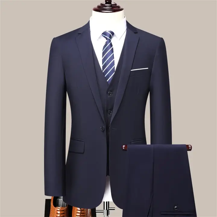 Traje De Tres Piezas Para Hombre De Alta Calidad En Color Sólido Moda Casual Elegante Conjunto De Chaleco Y Pantalones Para Negocios - 1