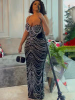 Beyprern Vestido Bodycon De Noche Dorado Con Perlas Y Diamantes Largo Para Fiesta Cumpleaños Año Nuevo Elegante Y Sexy - details 7