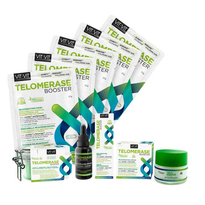 Tratamiento Facial Rejuvenecedor con Telomerasa y Niacinamida. Kit Skincare Pack de Serum, Crema, Discos Exfoliantes y 5 Mascarillas  Cosmética Facial VIT VIT COSMECEUTICALS TELOMERASE Diet Esthetic