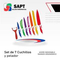 SAPT Set de 7 Cuchillos + 1 Pelador – Cuchillas de Acero Inoxidable – Mango Ergonómico – Diseño Colorido y Moderno – Corte Preciso y Duradero – Fácil de Limpiar – Ideal para Cocina Profesional y Hogar – Regalo Perfecto - details 1