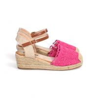 HLUNA - Sandalia Alpargatas de Cuña Bajo 5cm - Puntera cerrada Esparto - Pulsera al tobillo con hebilla - detalle de Encaje Textil - Blanco y Fucsia - HYJ23-10 - details 3