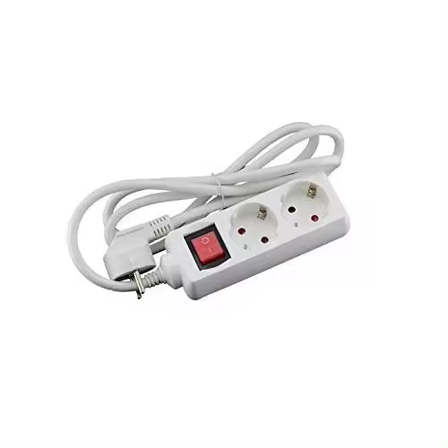 TECNOLUX EURO Bases Múltiples Confort y Seguridad - Regleta con 2 enchufes, protección contra sobretensiones, 2 Tomas or, Cable de 3 MTS, Color Blanco y Corrientes con Interrupt - 1