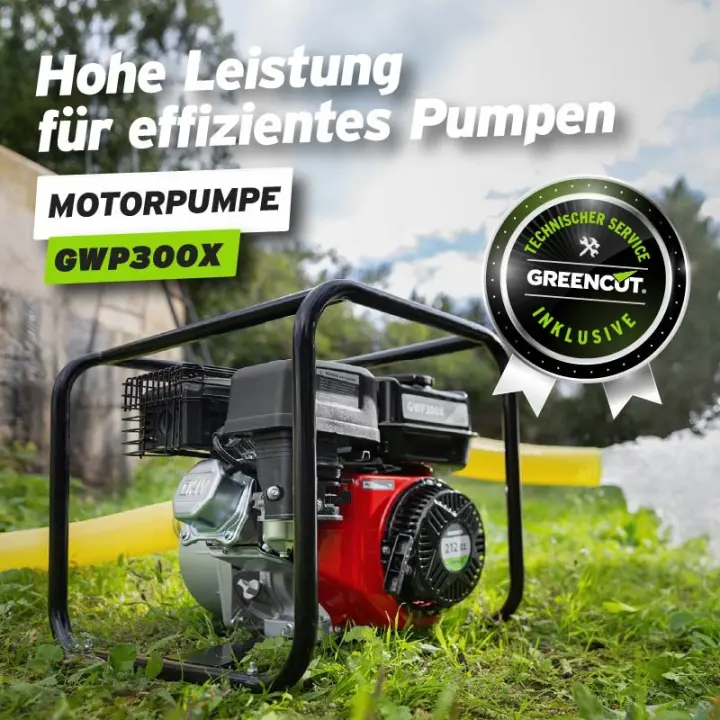 GREENCUT GWP300X Motobomba de agua 6.5CV (212cc), 58.000 l/h, succión 7,5 m, impulsión 28 m, conexión 2", depósito 3,6 L, arranque manual, marco metálico - 1