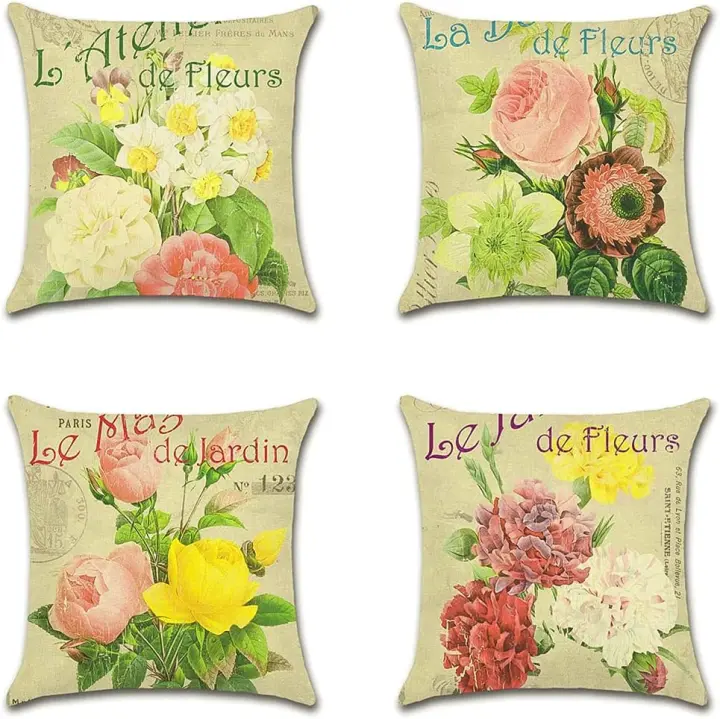 Juego de 4 fundas de amortiguador Decorativas de 45x45 cm, fundas de almohada impermeable con vintage estampado de Flores Rosas, Perfectas para colocar en un banco de Jardín - 1