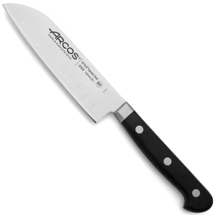 ARCOS Opera - Cuchillo Santoku Alveolado (140 mm) - Hoja de Acero Inoxidable Forjado Nitrum® - Mango Negro de Polioximetileno (POM) - 1