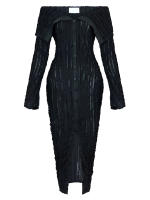 Beyprern Vestido Midi De Mujer Elegante Con Pliegues Y Hombros Descubiertos Translúcido Ajustado Para Fiesta Noche Club - details 0