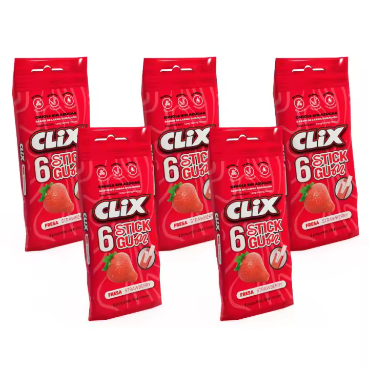 Pack 5 Multipack Clix 6 Chicle sin azúcar en lámina sabor Fresa - 1