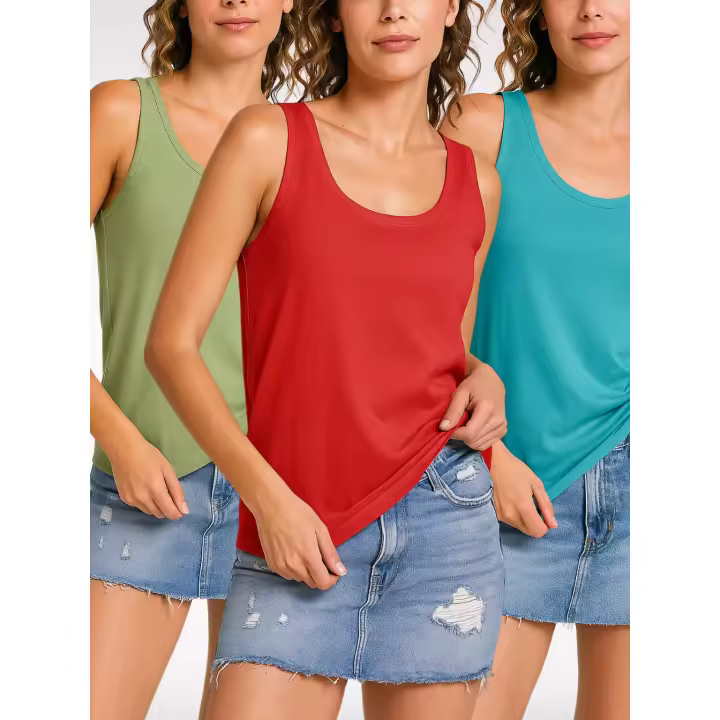 NARA de Mujer Tirante Ancho – Variedad de tallas y colores – Pack de 3 unidades – 100% algodón, diseño holgado, escote y sisas en canalé, bajo redondeado-  Ideal para verano, uso diario, deporte, descanso, o para personalizar - 1