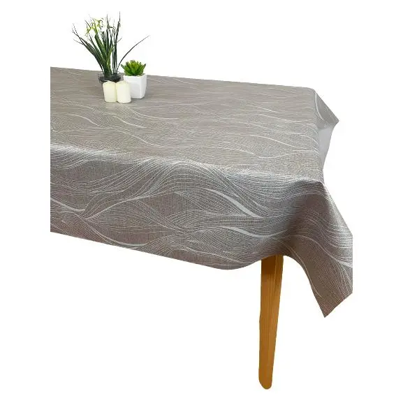 Mantel Hulehule Tex - PVC Estampado con Líneas Ondulares Blancas Sobre Fondo Beige Antimanchas Impermeable - Anzio - 1