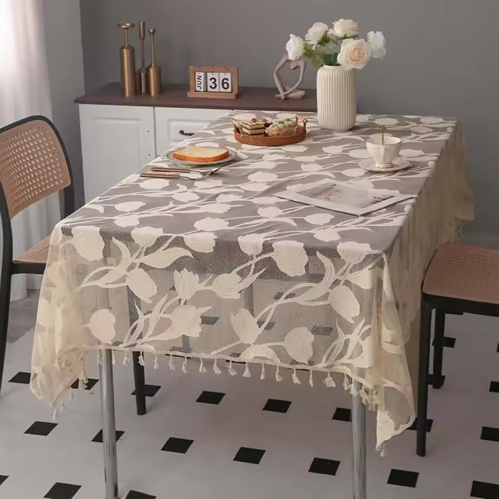 Mantel de borlas simple, mantel rectangular de encaje para el hogar, mantel de mesa de centro no lavable, beige, 140*220 cm - 1