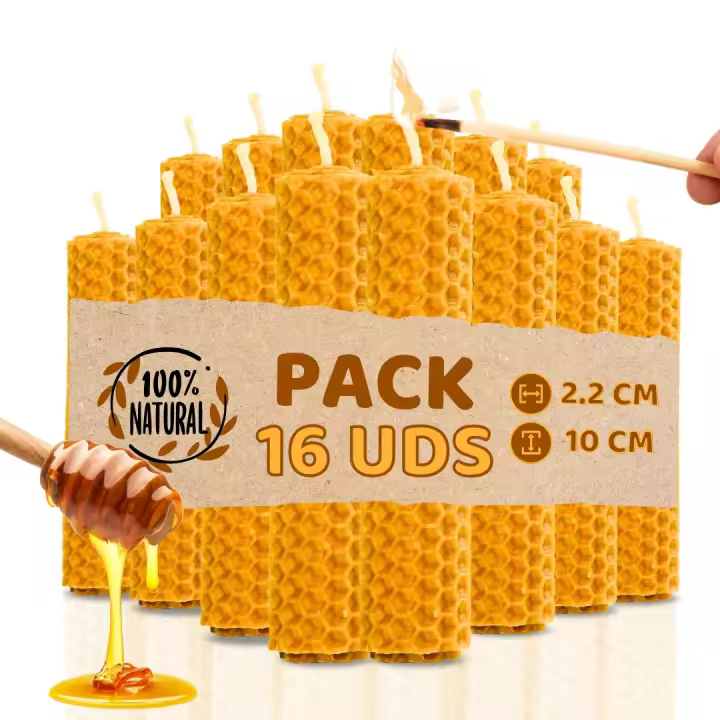 Pack de 16 Velas de Miel de Abeja para Rituales 100% Natural - DECEVI - Hechas a Mano - Origen España - SIN PARAFINA - Velas 10 cm x 2,2 cm - Enciende la Magia de la Luz Suave y Cálida - 1