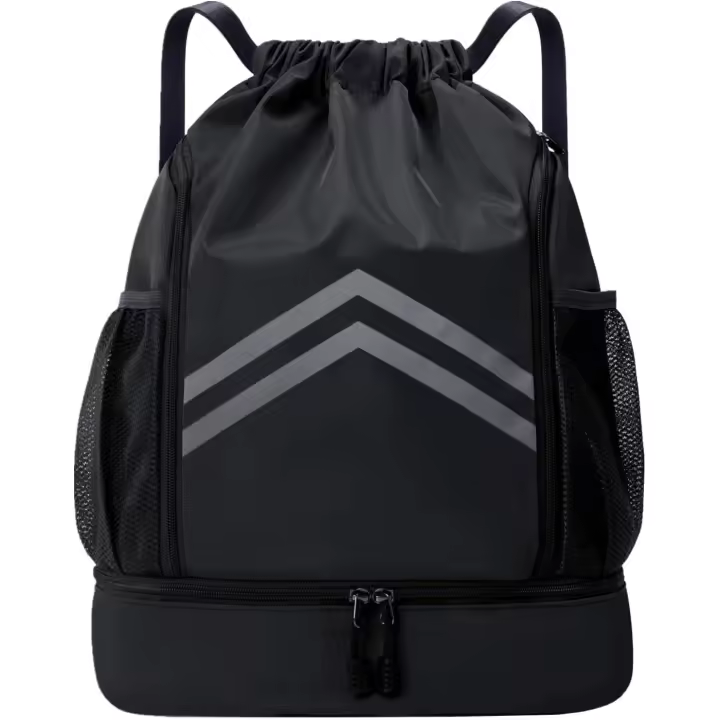 Sports Drawstring Backpack - Water Resistant Gym Bag with Shoes Compartment and Water Bottle Holder Pockets -Drawstring Bag String Cinch Bag for Gym, Travel, Swimming, Beach, Men Women (Black) - 1
