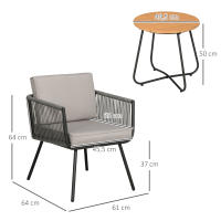 Outsunny Conjunto de Muebles de Jardín de Ratán Sintético 3 Piezas Conjunto de Mesa y 2 Sillas de Ratán con Cojines Acolchados Extraíbles para Balcón Terraza Patio Gris - details 2