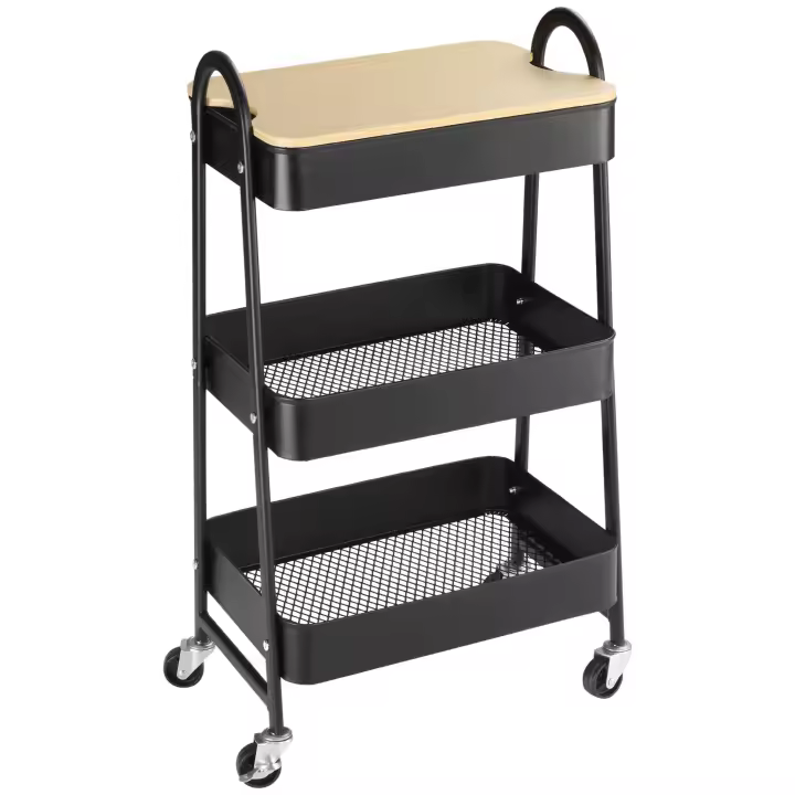 HOMCOM Carrito Auxiliar con Ruedas de 3 Niveles Carrito de Cocina con 3 Cestas de Acero y 1 Placa de Cubierta para Comedor Sala Baño 45x31x79,4 cm Negro - 1