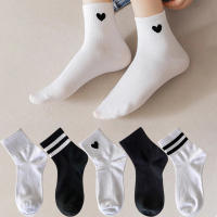 5 Pares De Calcetines Deportivos Casuales Para Mujer En Colores Negro Y Blanco Con Estampado Rayado Calcetines Tubo Medio Transpirables - details 4