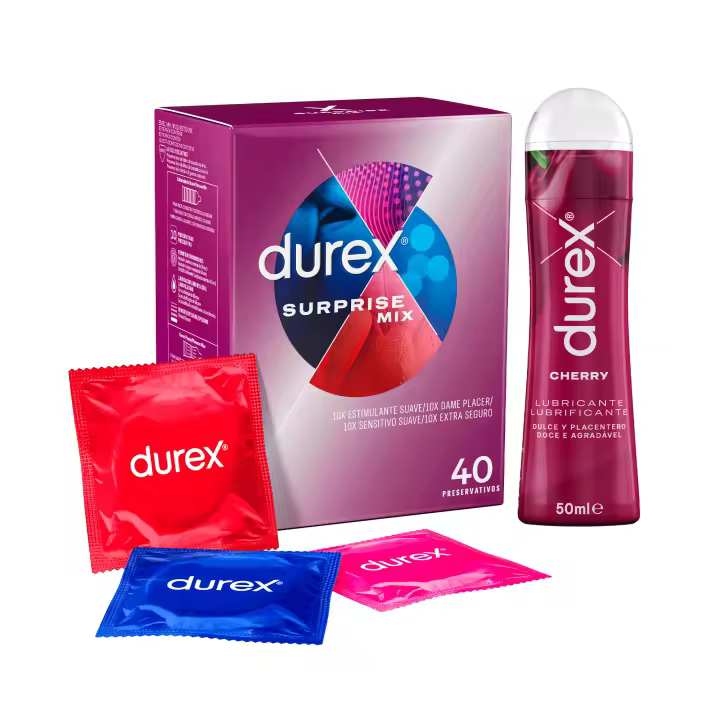 Durex - Surprise Mix 40 Condones Surtidos + Lubricante Cherry 50ml, Dame Placer, Sensitivo Suave, Extra Seguro y Estimulante Suave - 1
