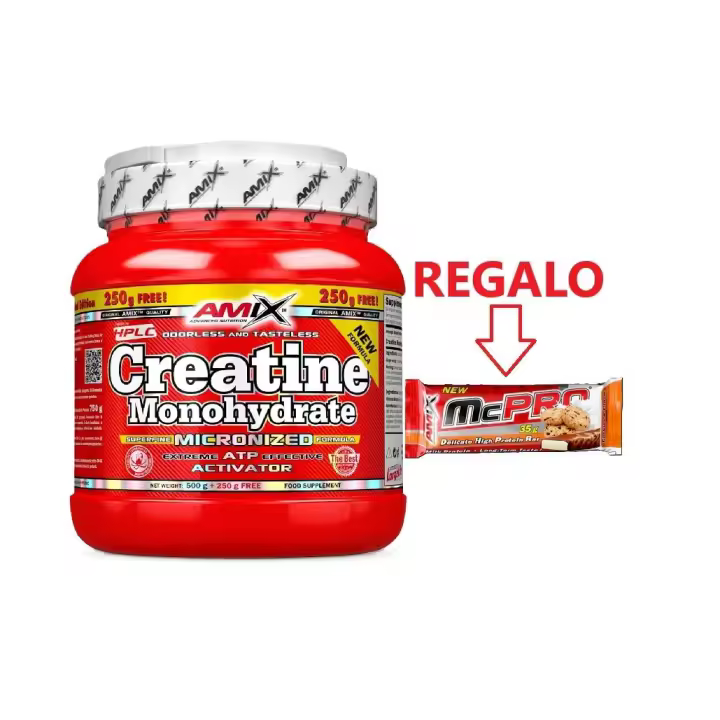 Amix Creatine Monohidrato 500g+ 250g + BARRITA PROTEICA REGALO - Suplemento Alimenticio - Mejora Rendimiento Físico - 1
