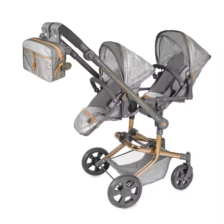 Decuevas Toys - Silla gemelar plegable - NOVEDAD - multiposición para muñecas de hasta 52 cm - Coche REBORN plegable con sombrilla - Incluye bolso, tela acolchada y bandeja portaobjetos - Marca: Decuevas Toys - 1