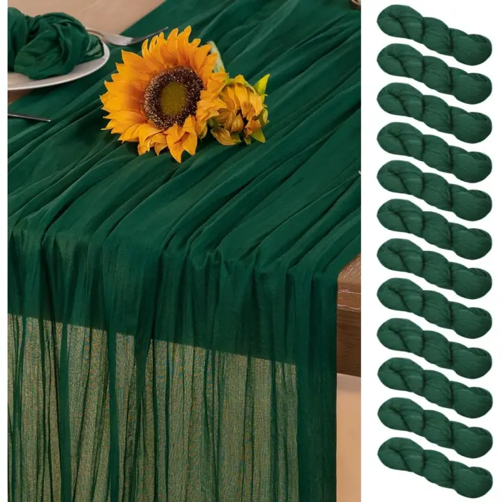 Emerald Green Cheesecloth Table Runner 12 Pack Summer Sheer Cheese Cloth Table Runners Boho Gauze 120 Inches Summer Table Decorations for Wedding Bridal Baby Shower Tea Party Green Decor - 1