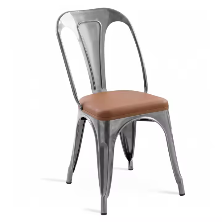 ORION91 Silla VERSO EDITION Cromo Mate y Asiento Marrón Cuero Sintético Alta Calidad Apilable (84x43x45 cm) Estilo Industrial Antideslizante Comedor Hostelería Oficina Cocina - SpazioLuzio - 1