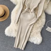 Vestido REALEFT De Punto Para Mujer Con Cuello Alto Y Mangas Largas Estampado Sólido Estilo Casual Vestido De Abrazo Largo Hasta La Rodilla Para Otoño E Invierno - details 27
