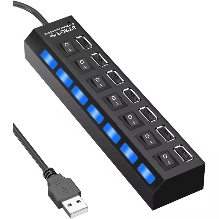 Adaptador de HUB USB 2.0 con 7 Puertos con Interruptor de Encendido LED Individuales, 480 Mbps Speed Data Hub, USB 7 en 1 Puerto Múltiple para PC, Ratón, Teclado, Disco Duro, Impresora - 1