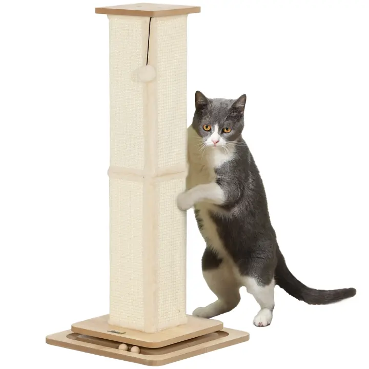 PawHut Poste Rascador para Gatos 87 cm Rascador para Gatos Arañador para Gatos con Bola Colgante Juguete de Pelota de Pista y Poste de Sisal Roble - 1