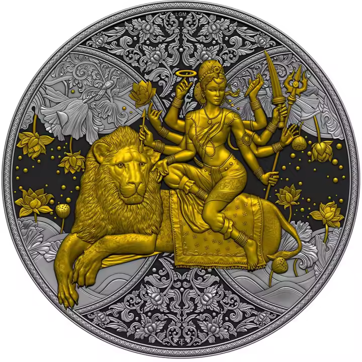 DURGA Hindu Religion Moneda Plata Dorada Oscura 1 Oz 2000 Francos Camerún 2023 - 1