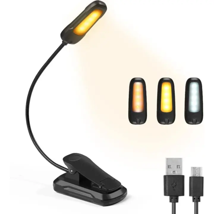 Lámpara de lectura para libros, luz de lectura LED recargable, 3 modos de brillo x 3 colores, cuello flexible de 360° - 1