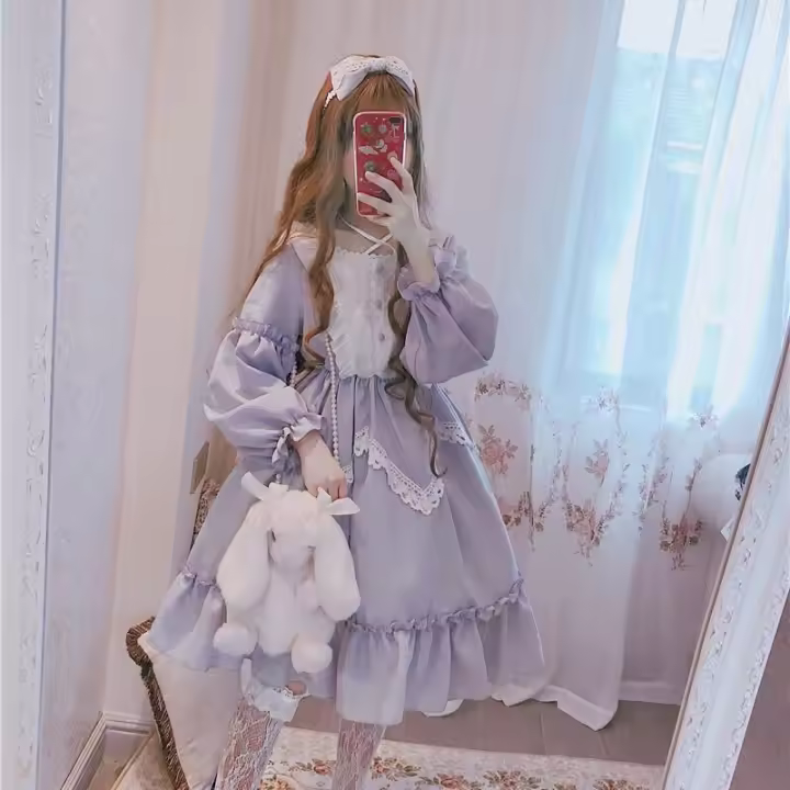 Lencería Lolita para mujer estilo Haruku japonés con volantes y mangas largas vestido de muñeca informal con cintura imperio talla - 1