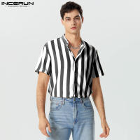 Blusa De Botones Para Hombre INCERUN Estilo Casual Verano Camisas De Punto Con Cuello Erguido Manga Corta Estampado Rayado Tallas Hasta 5XL - details 4