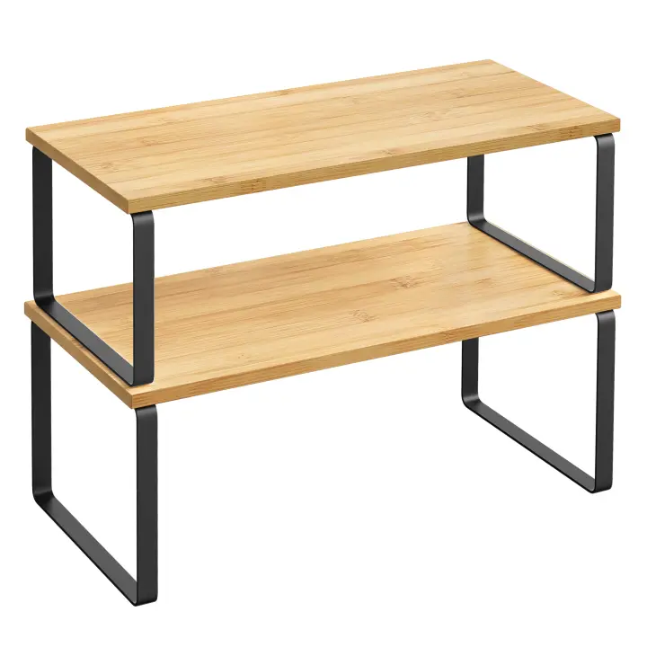 SONGMICS Estante para Especias, Juego de 2, Organizador de Armario, Estante de Almacenamiento de Cocina Extensible, Especiero de Metal y Madera de Ingeniería, Blanco Nube y Beige Natural/Negro Tinta y Beige Natural/Negro Tinta y Marrón Rústico/Negro Ébano - 1