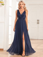 Vestido De Noche Para Mujer Brillante Chiffon Con Manga Doble V a Line Largo Hasta El Suelo Fiesta Vestido Con Abertura Lateral - details 9