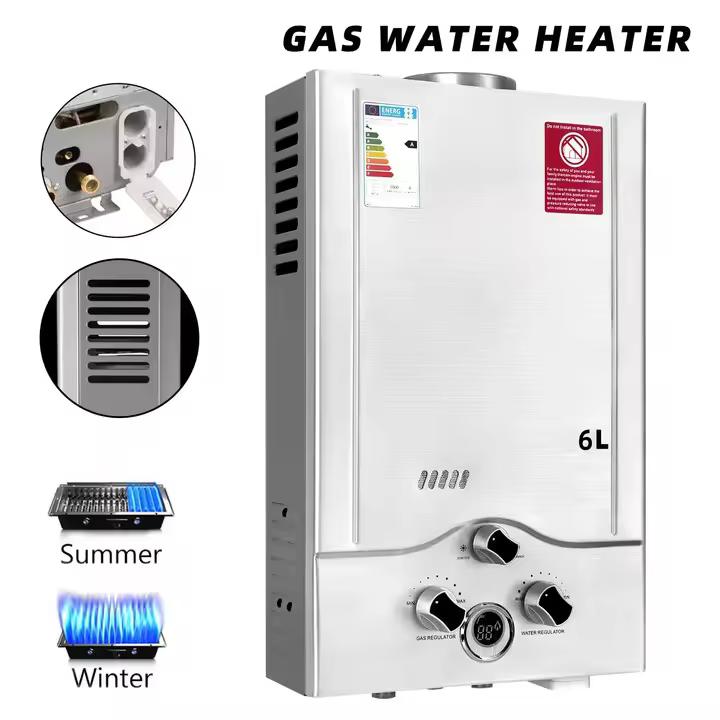 Calentador de agua de Gas LPG de 6L/8L, caldera de Gas propano sin tanque de acero inoxidable con Kit de ducha, electrodoméstico para acampar,16 kW LPG Calentador de agua a gas - 1
