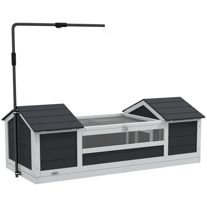 PawHut Casa para tortugas al aire libre, recinto de madera para tortugas, 2 cabañas, soporte de lámpara ajustable, techo que se puede abrir, jaula para tortugas, ventana de acrílico transparente, color gris - 1
