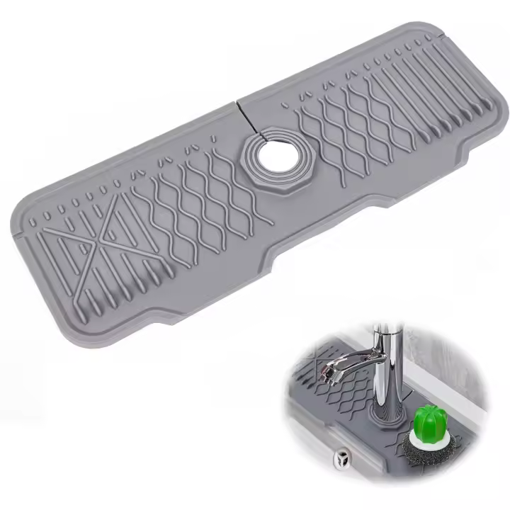 Alfombrilla de silicona para grifo, almohadilla de drenaje extendida, protector contra salpicaduras recortable para mantener secas las encimeras de la cocina y el baño (43 x 15 cm, gris) - 1