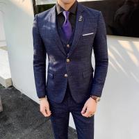 Traje De Tres Piezas Para Hombre Ajustado Con Chaleco Y Pantalones De Alta Calidad Tela De Arte Doble Hebilla Para Boda - details 2