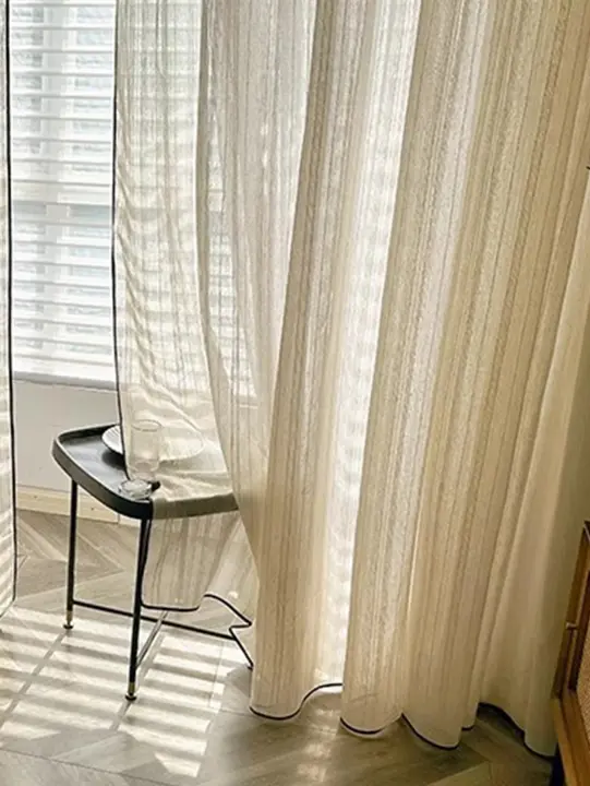 Cortinas De Estilo Francés Antiguo Con Borde Negro Lino Rayado Crema Retro Japonesa Para Balcón Y Sala De Estar - 1