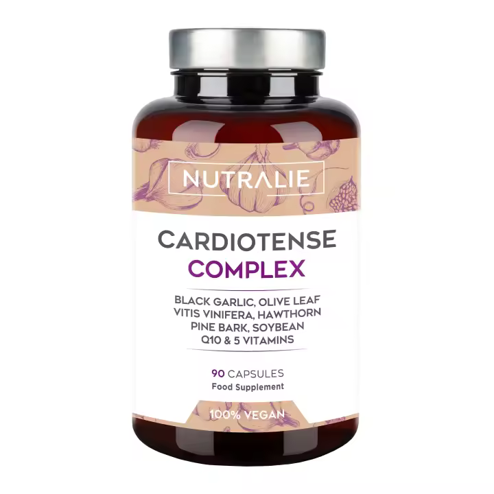 Ajo Negro Cardiotense 11250mg - Colesterol Circulación Tensión Arterial - Espino Blanco + Olivo + Q10 y Vitaminas B - Extracto Ajo Negro 15:1 S-Alilcisteina - 90 Cápsulas Nutralie - 1