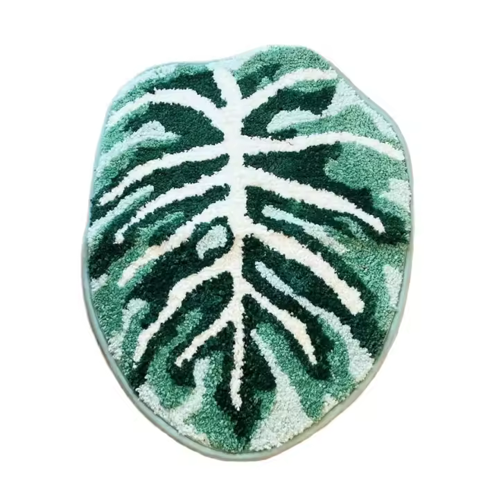 Alfombra De Piso De Hoja Tropical Monstera Irregular Tufted Para Sala De Estar Baño Hecha a Mano Alfombrilla De Baño Verde Monstera Fluffy Antideslizante Resistente Al Desvanecimiento Para Adultos - 1