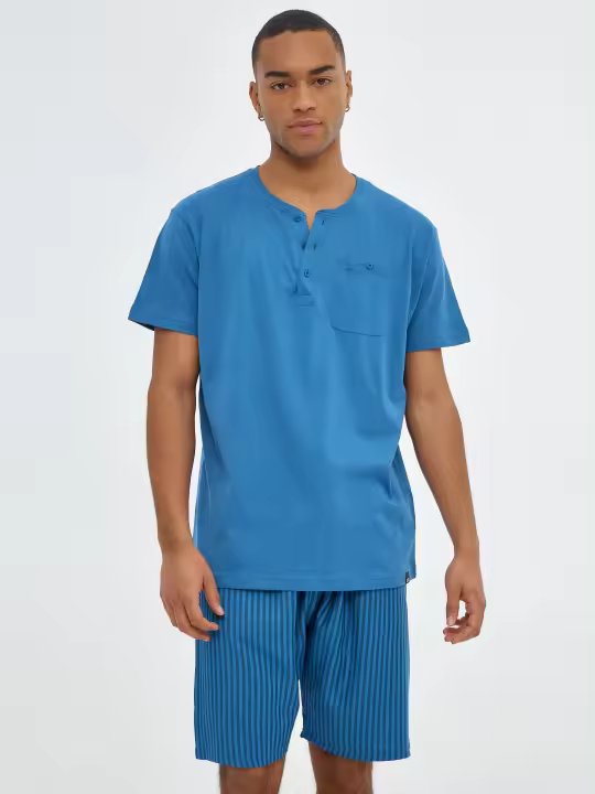 Conjunto de pijama de camiseta de manga corta con cuello redondo con botones y pantalón corto de rayas con cintura ajustable INSIDE - 1