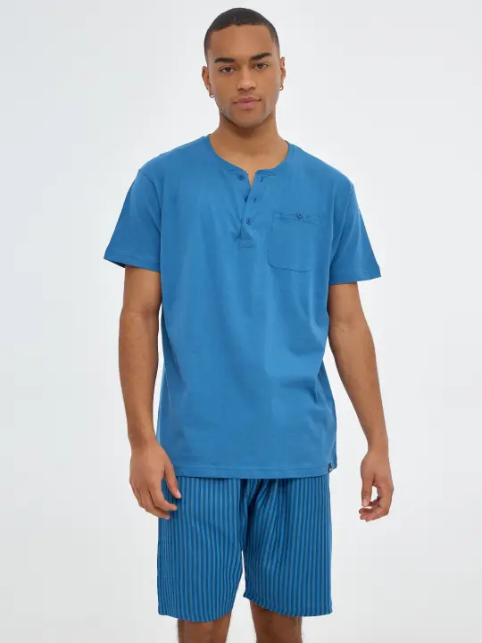 Conjunto de pijama de camiseta de manga corta con cuello redondo con botones y pantalón corto de rayas con cintura ajustable INSIDE - 1